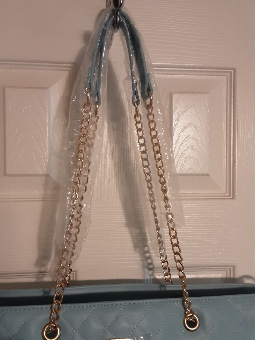 Bagley Mischka Quilted Light Blue Tote Bag with Gold Chain Handles - Picture 2 of 12